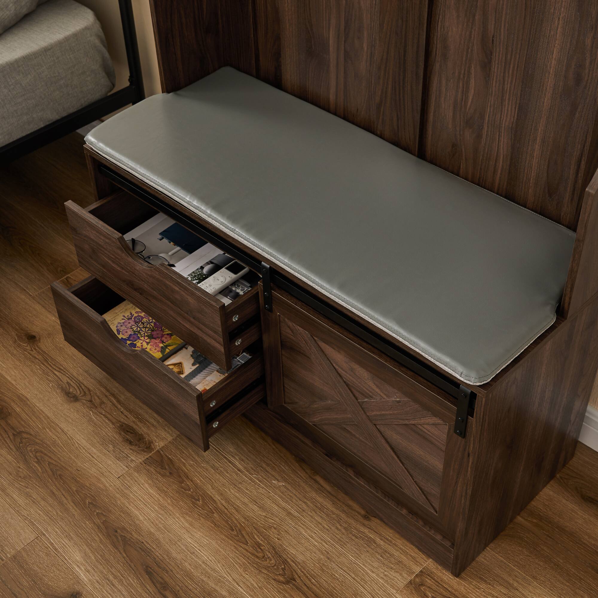 Back. GOODSILO - Multipurpose Entryway Storage Bench with Hanging Hooks and Shelves for Organized Home Entry Spaces - Light Grey.