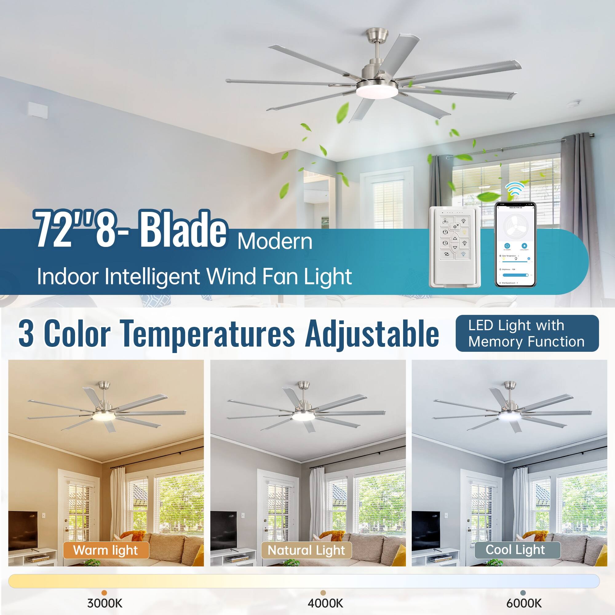 72" 8-Blade Modern Indoor Intelligent Wind Fan Light

3 Color Temperatures Adjustable

LED Light with Memory Function

Warm Light - 3000K

Natural Light - 4000K

Cool Light - 6000K