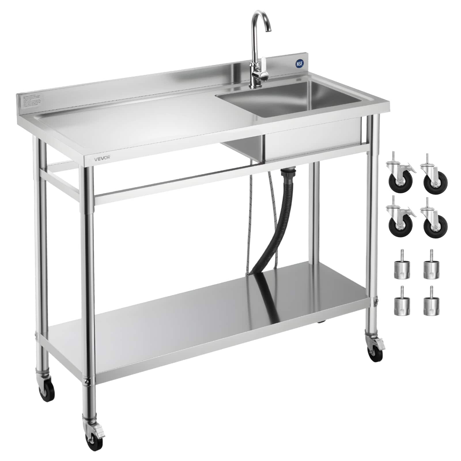 VEVOR - Stainless Steel Utility Sink, Rolling Single Bowl Commercial Kitchen Sink with Wheels, Faucet and Hot & Cold Water Pipe - Stainless steel color