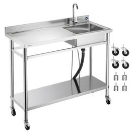 VEVOR - Stainless Steel Utility Sink, Rolling Single Bowl Commercial Kitchen Sink with Wheels, Faucet and Hot & Cold Water Pipe - Stainless steel color