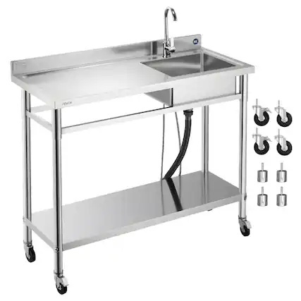 Front. VEVOR - Stainless Steel Utility Sink, Rolling Single Bowl Commercial Kitchen Sink with Wheels, Faucet and Hot & Cold Water Pipe - Stainless steel color.