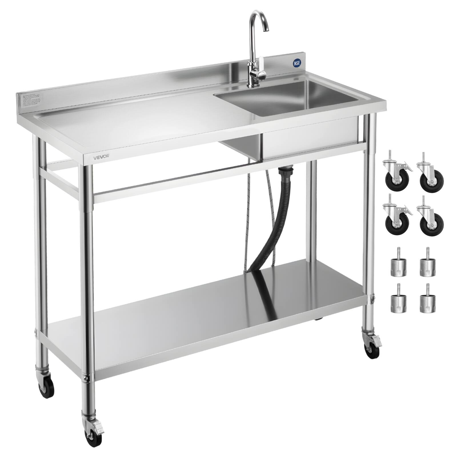 Front. VEVOR - Stainless Steel Utility Sink, Rolling Single Bowl Commercial Kitchen Sink with Wheels, Faucet and Hot & Cold Water Pipe - Stainless steel color.