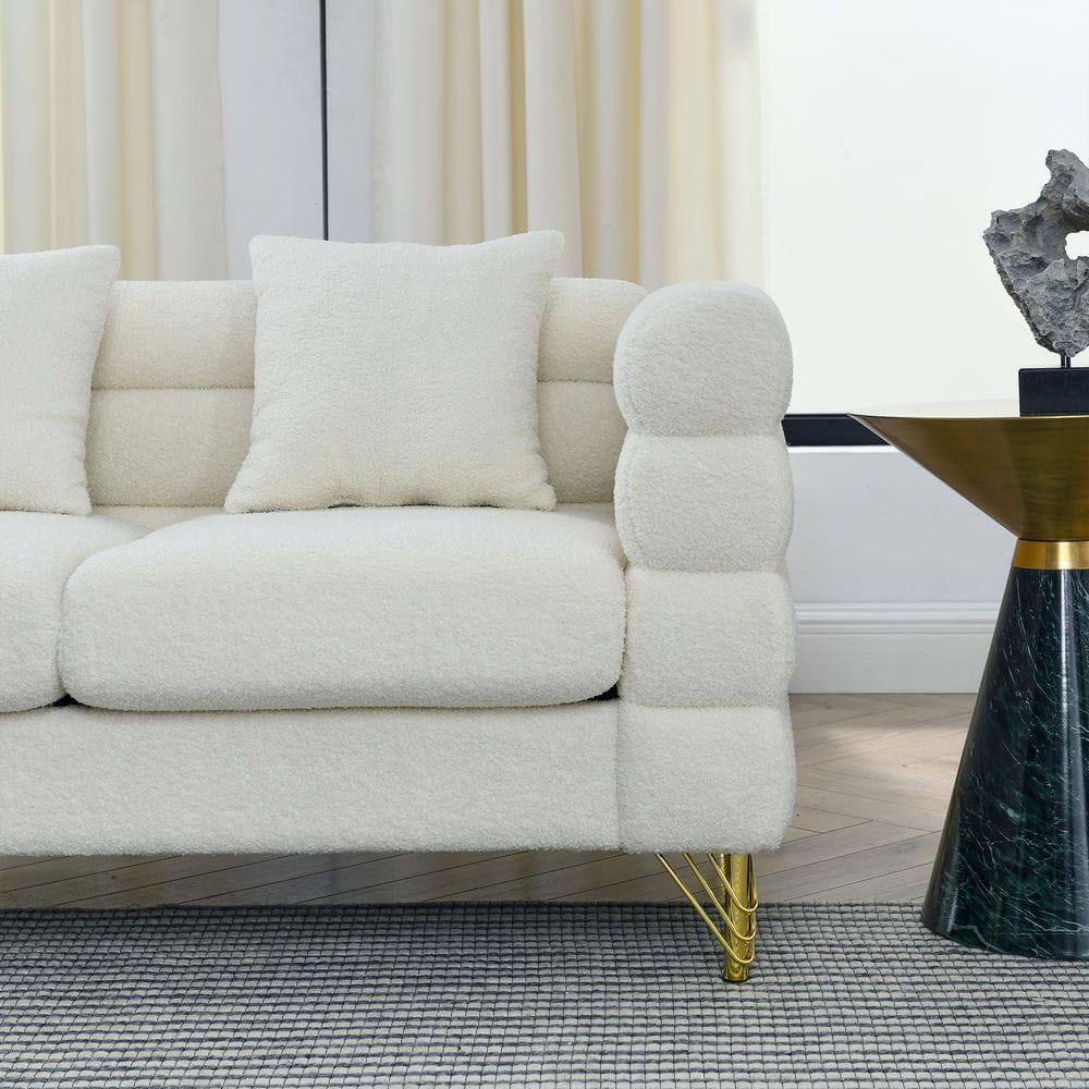 Alt View 5. Resenkos - 81" 3-Seater Sectional Sofa, Plush Teddy Fabric with Deep Comfort and 3 Included Pillows, Ivory White - White.