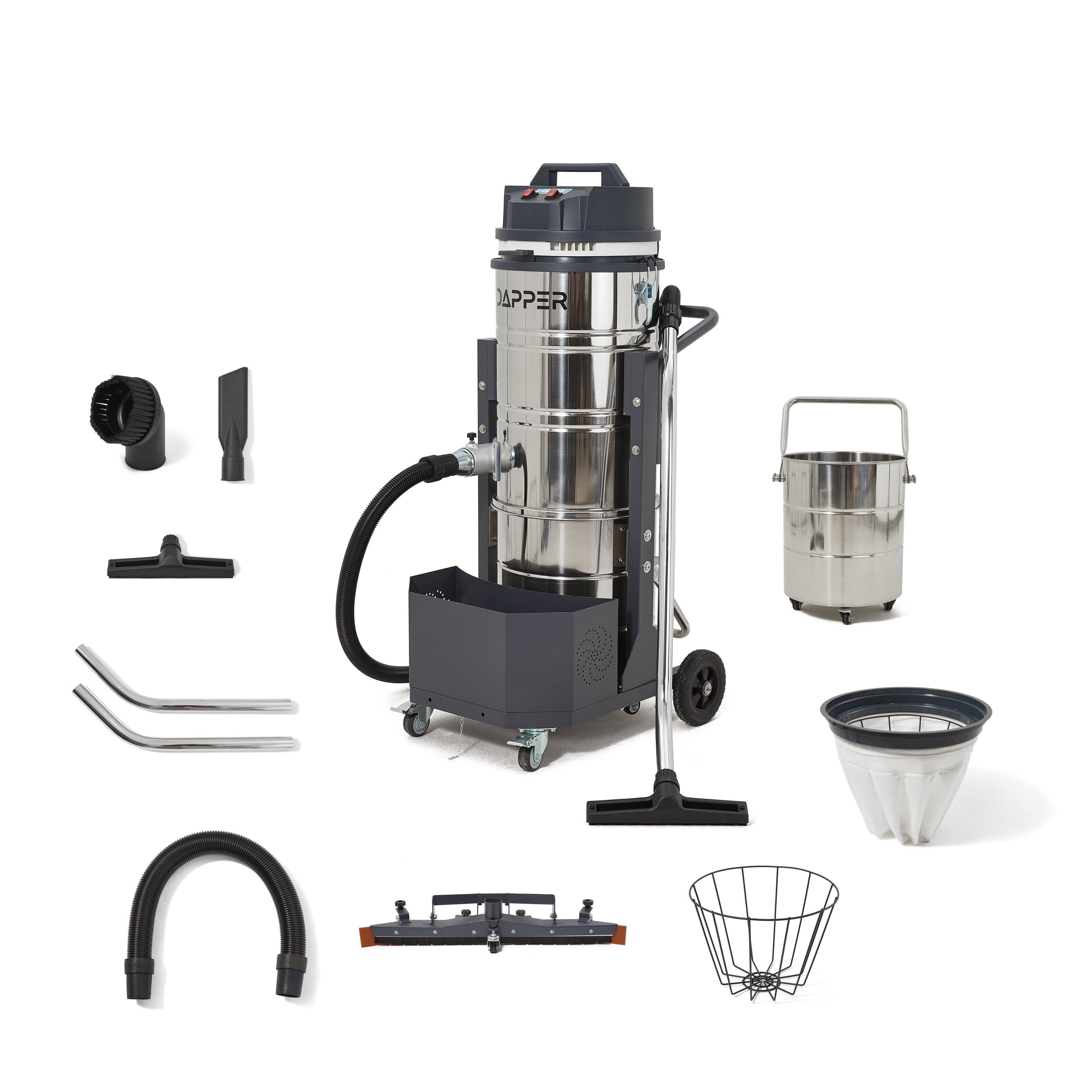 Angle. Dapper Supply - Dapper Supply 26 5 Gallon Wet Dry Vacuum Dual Motor 3 3 HP 222 CFM 120V 20A Plug 2 Year Warranty - Silver.