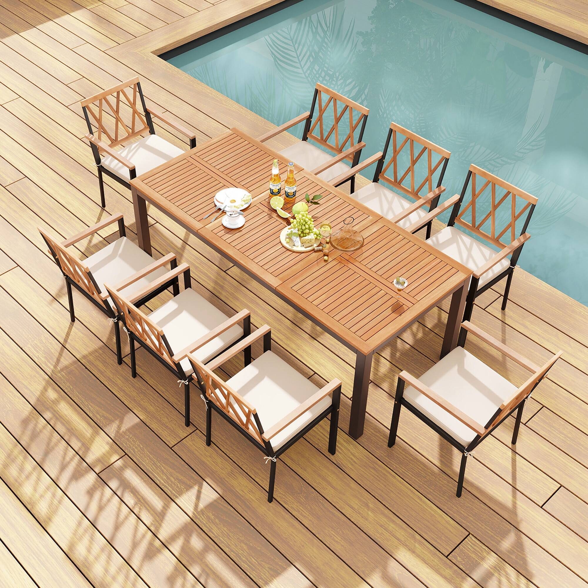 Alt View 1. Gymax - Gymax 9 PCS Outdoor Dining Table & Chairs Set Table w/ Acacia Wood Top Umbrella Hole - Natural.