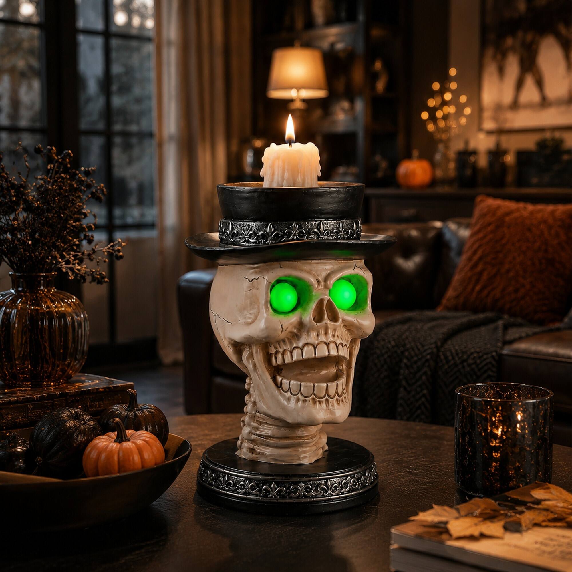 Left. RYHNUYNE - Halloween Skull Candle Holder with Glowing Green LED Eyes and Top Hat, Gothic Skeleton Statue Decor for Spooky - Black.