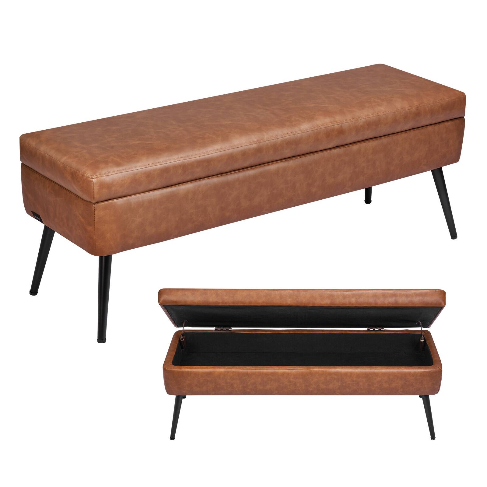 VEVOR - Leather Storage Ottoman Bench, PU Leather Bench with Storage and Metal Legs, Upholstered Shoe Benches Seat for Entryway - Brown