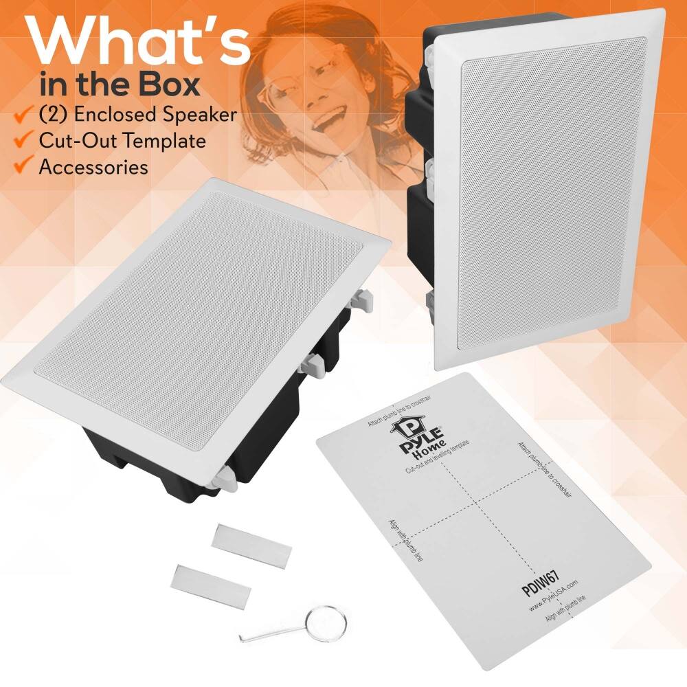 What's in the Box  
(2) Enclosed Speaker  
Cut-Out Template  
Accessories  

PYLE Home  
Cal-All Leveling Template  

Attach guide to crosshair  
Align plumb line to crosshair  
Align level line  

PDIW67  
www.PyleUSA.com  
Align plumb line to crosshair