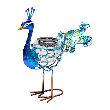 Front. G128 - Solar Metal Peacock Garden Statue 12 Inch Water-Resistant Yard Art with Solar Crackle Glass Light - blue, vibrant colors.