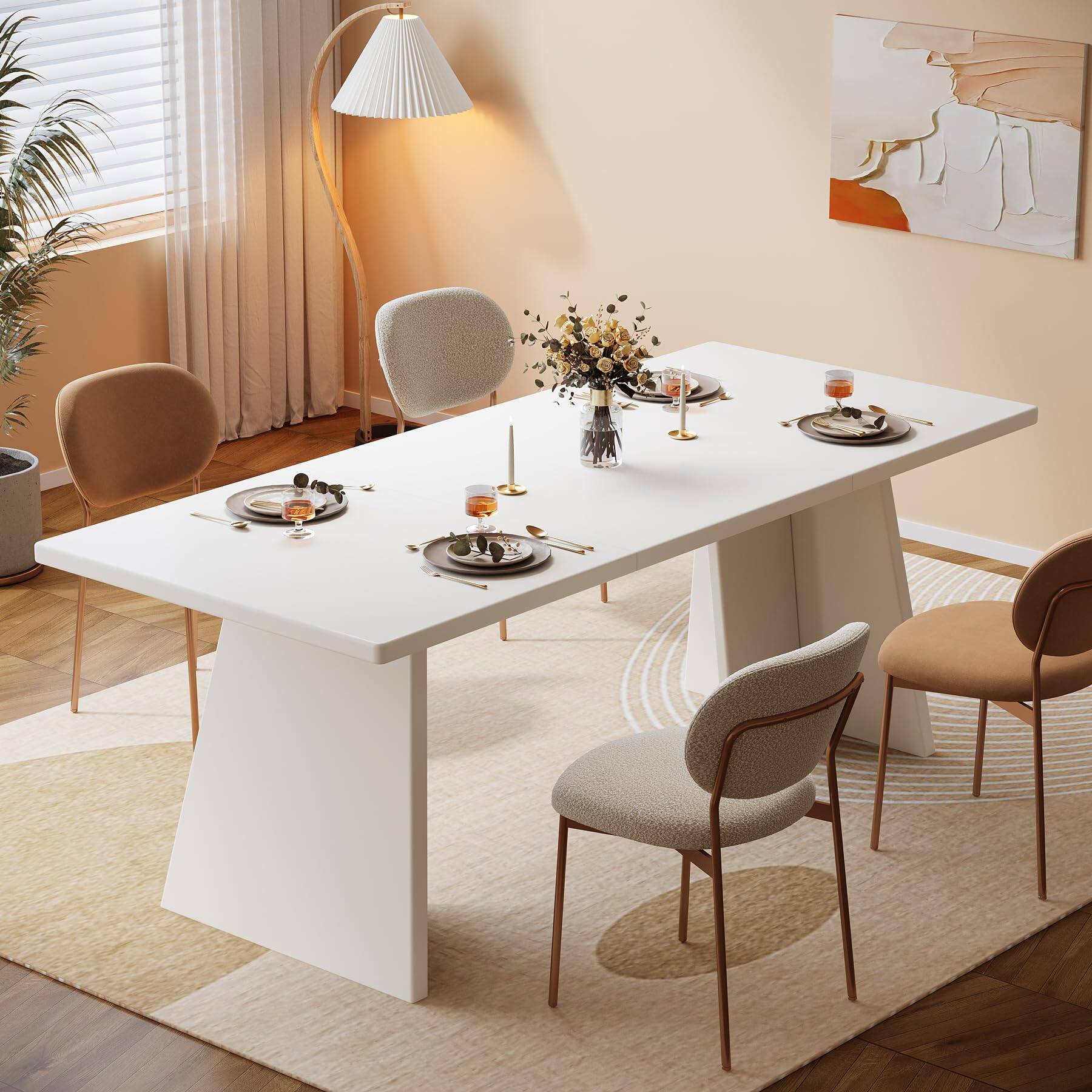 Back. Tribesigns - White Dining Table, 63" Modern Kitchen Table with Glossy Tabletop and Double Robust Pedestal, Large Rectangle Wooden Eat - White.