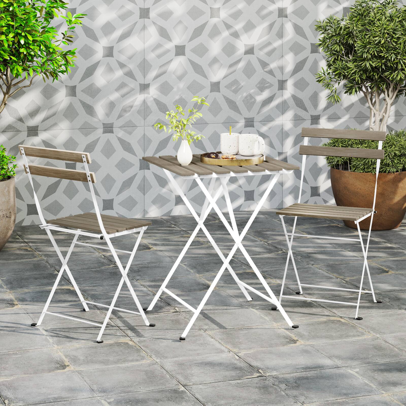 Alt View 7. Costway - Costway 3 PCS Patio Acacia Wood Bistro Set Bistro Table with 2 Folding Chairs Slatted Seat - Gray.