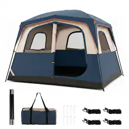 Gymax - 6-Person Camping Tent w/ Top Rainfly Mesh Windows Large Door Ground Stakes - Blue