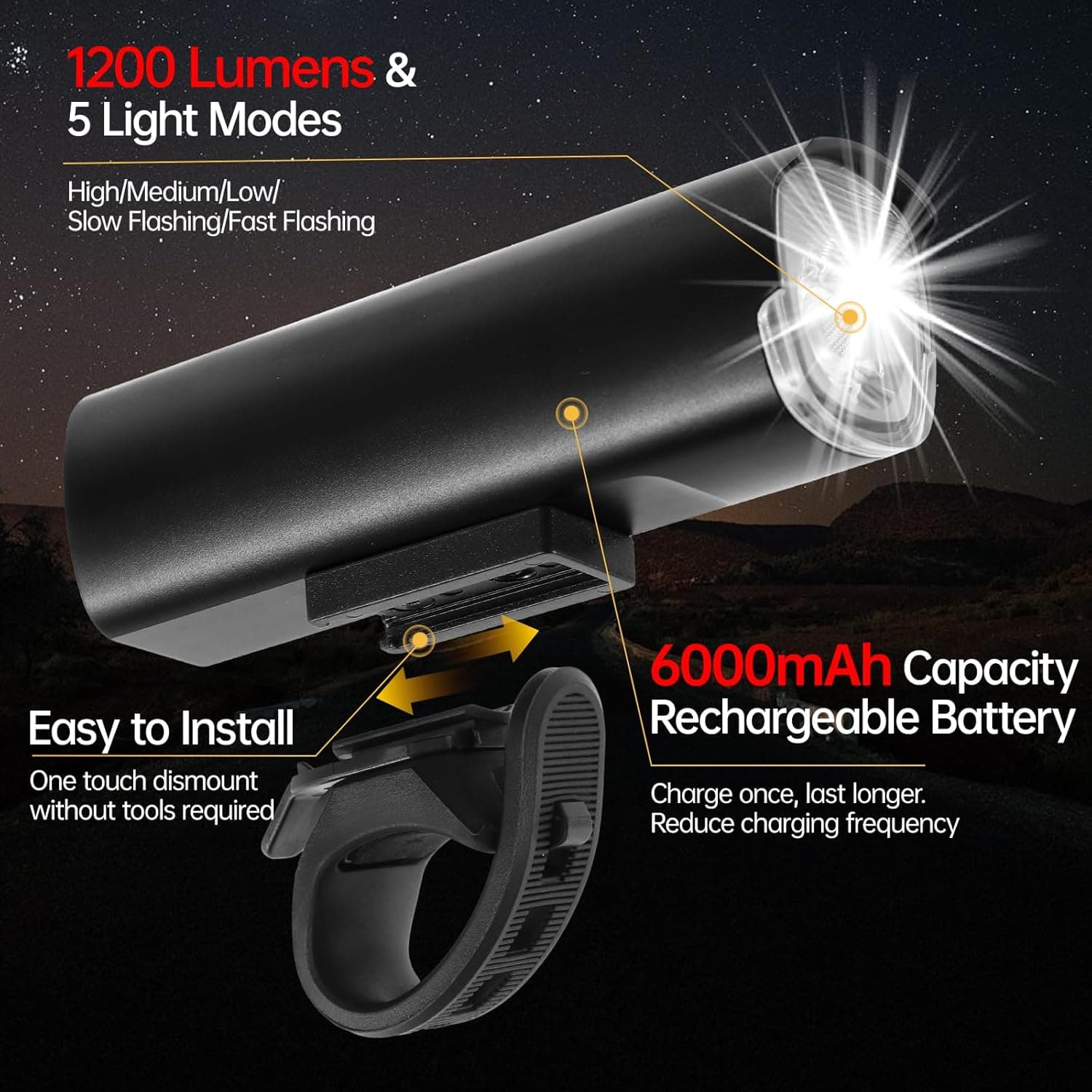 1200 Lumens & 5 Light Modes  
High/Medium/Low/Slow Flashing/Fast Flashing  

Easy to Install  
One touch dismount without tools required  

6000mAh Capacity Rechargeable Battery  
Charge once, last longer. Reduce charging frequency
