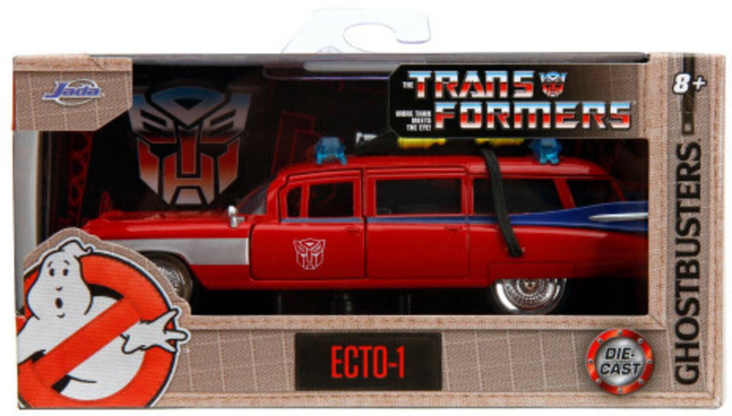 The text on the image can be grouped and corrected as follows:

- **Jada**
- **The Transformers**
- **Ghostbusters**
- **Ecto-1**
- **Die-Cast**
- **8+**