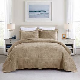 MarCielo - 3Pc Luxury Velvet Oversized Embroidery Soft and Plush Quilt Set - Camel
