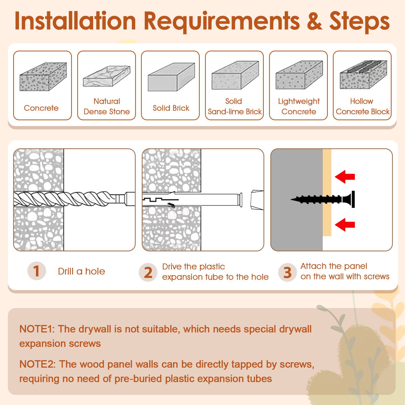 Installation Requirements & Steps

Concrete  
Natural Dense Stone  
Solid Brick  
Solid Lightweight Hollow Sand-lime Brick  
Concrete  
Concrete Block  

1. Drill a hole  
2. Drive the plastic expansion tube to the hole  
3. Attach the panel on the wall with screws  

NOTE1: The drywall is not suitable, which needs special drywall expansion screws  
NOTE2: The wood panel walls can be directly tapped by screws, requiring no need of pre-buried plastic expansion tubes