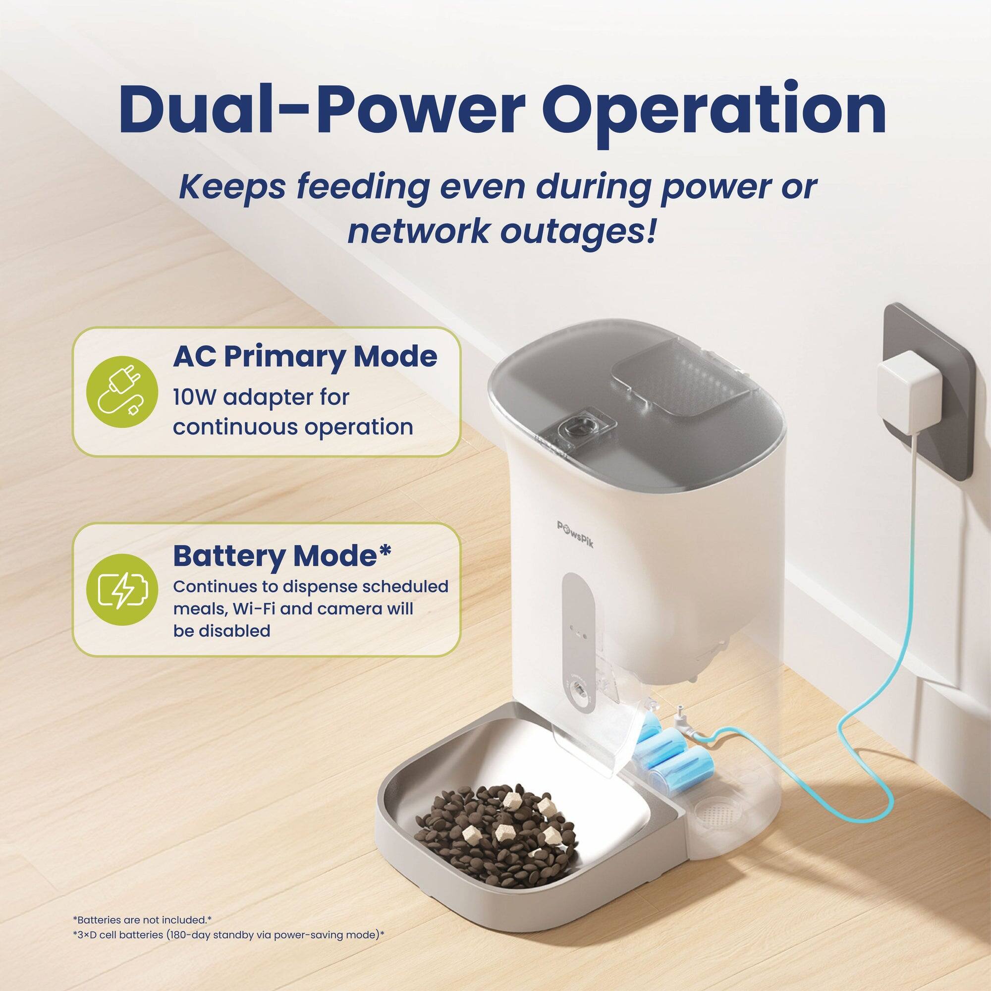 Dual-Power Operation Keeps feeding even during power or network outages!

AC Primary Mode 10W adapter for continuous operation

Battery Mode* Continues to dispense scheduled meals, Wi-Fi and camera will be disabled

POwsPik

*Batteries are not included.* *3xD cell batteries (180-day standby via power-saving mode)*