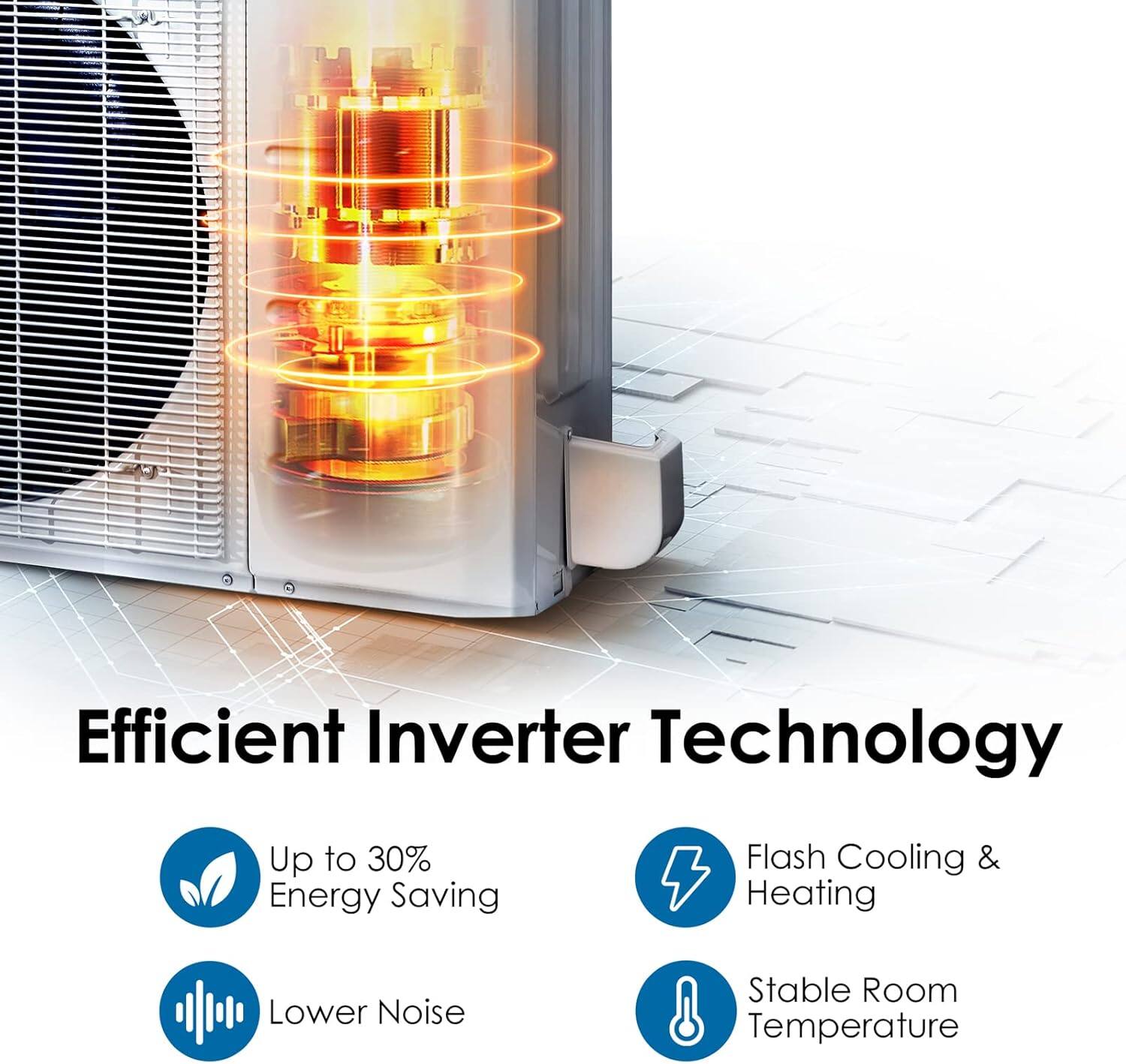 Efficient Inverter Technology

- Up to 30% Energy Saving
- Flash Cooling & Heating
- Lower Noise
- Stable Room Temperature