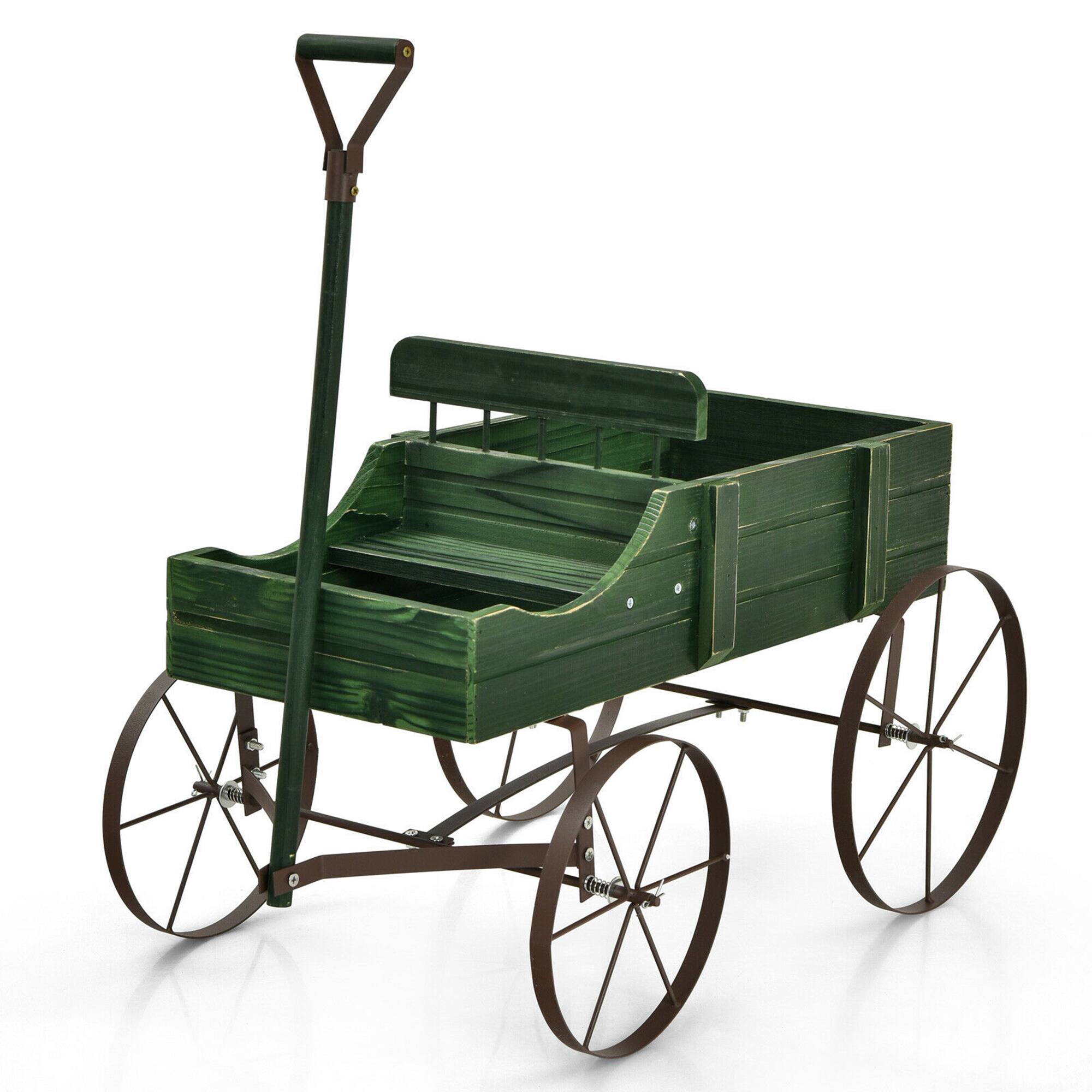Alt View 1. Costway - Garden Plant Planter Wooden Wagon Planter W/ Wheel Garden Yard - Green.