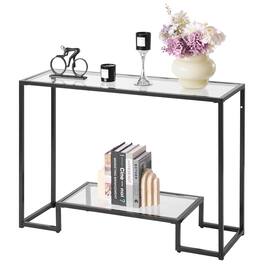 VEVOR - 2-Tier Glass Console Table, Modern Rectangle Sofa Side Table with Tempered Glass Top and Iron Legs - Black
