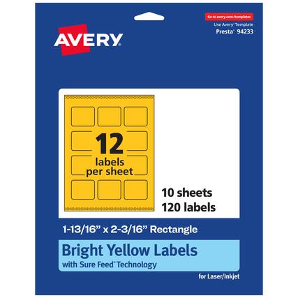 Go to avery.com/templates
AVERY
Use Avery Template Presta® 94233
12 labels per sheet
10 sheets
120 labels
1-13/16" x 2-3/16" Rectangle
Bright Yellow Labels with Sure Feed Technology for Laser/Inkjet