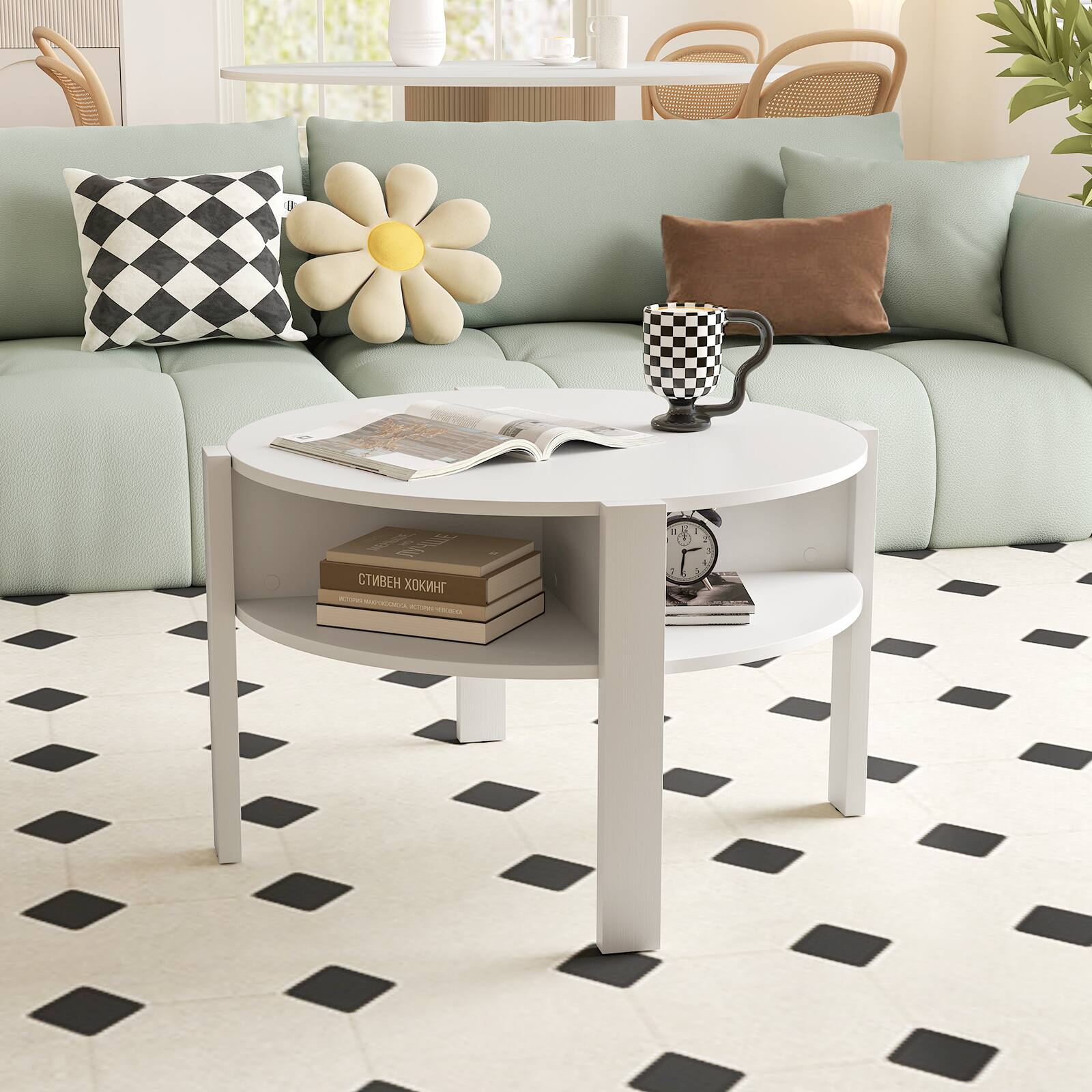 Alt View 1. Gymax - Gymax 29.5'' 2-Tier Round Coffee Table w/ Storage 4 Shelves Faux Wooden Top - White.