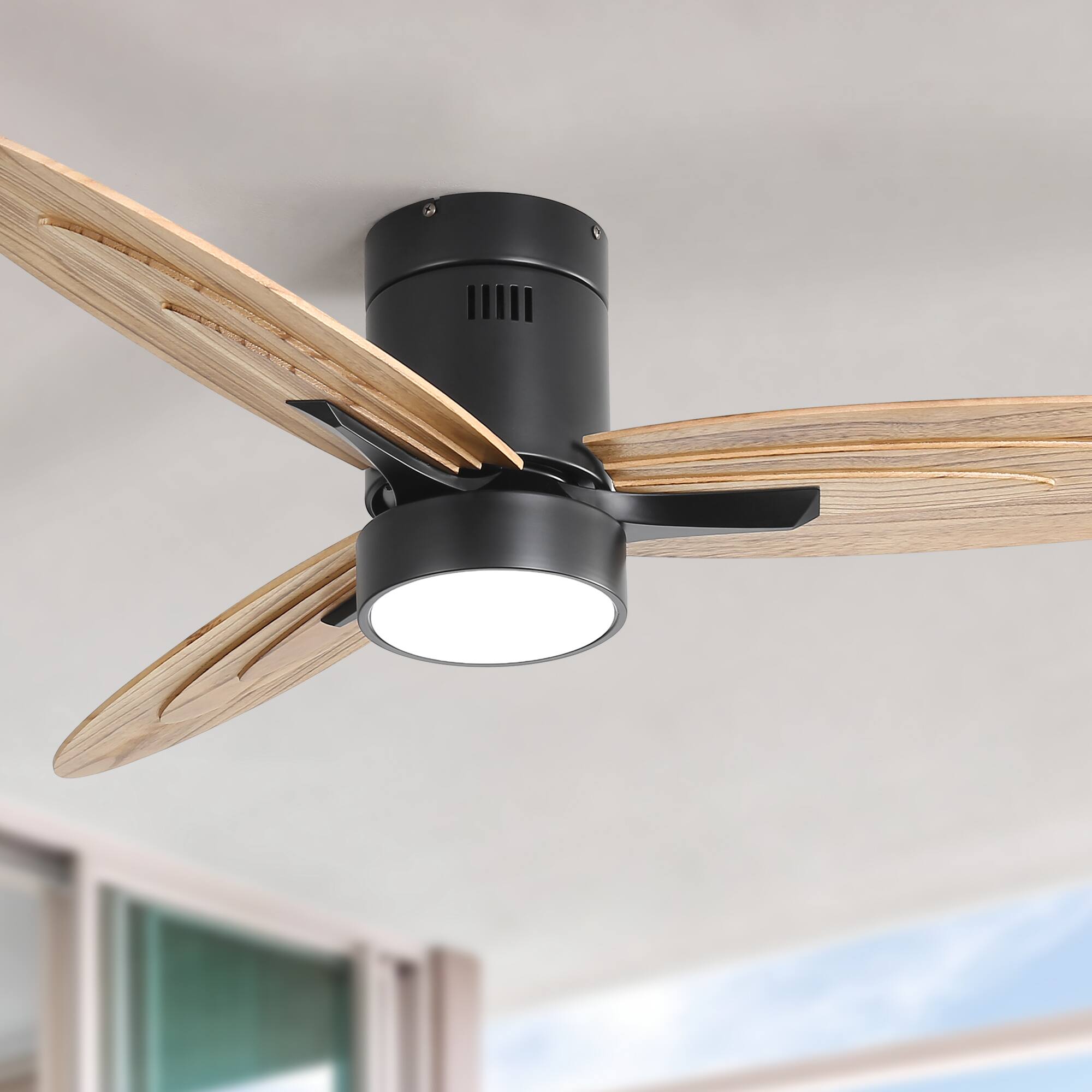 Alt View 1. Sofucor - 56 Inch Natural Wood Ceiling Fan with Lights and Remote Bedroom Farmhouse Flush Mount Ceiling Fan Reversible DC - Black.