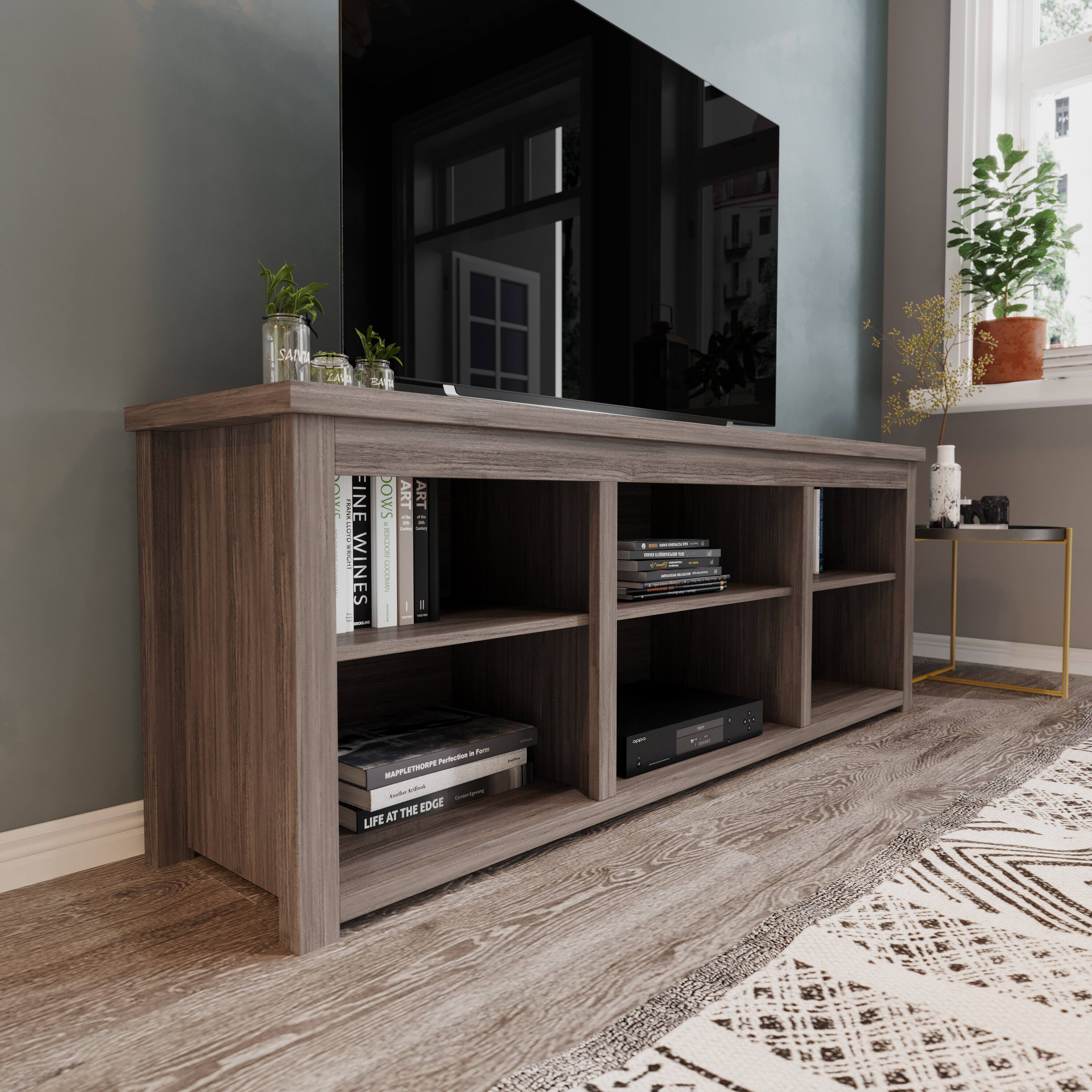 Alt View 35. Alamont Home - Kilead Farmhouse TV Stand for up to 80" TVs - 65" Engineered Wood Framed Media Console with Open Storage - Gray Wash Oak.