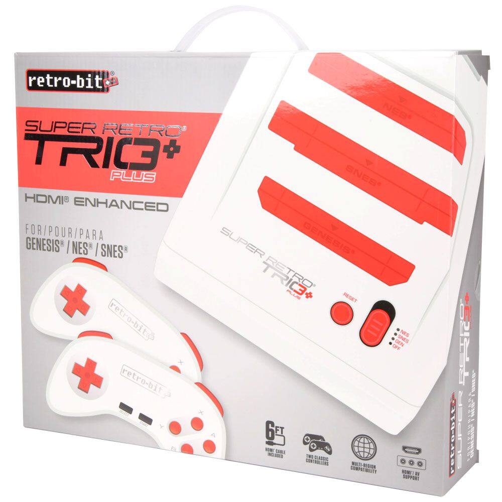 retro-bit SUPER RETRO TRIC3+ PLUS HDMI ENHANCED FOR/POUR/PARA GENESIS / NES / SNES retro-bit 1II NES GEN SNES OFF + retro-bit 6 FT HDMI CABLE INCLUDED TWO CLASSIC CONTROLLERS INCLUDED MULTI-REGION COMPATIBILITY HDMI SUPPORT