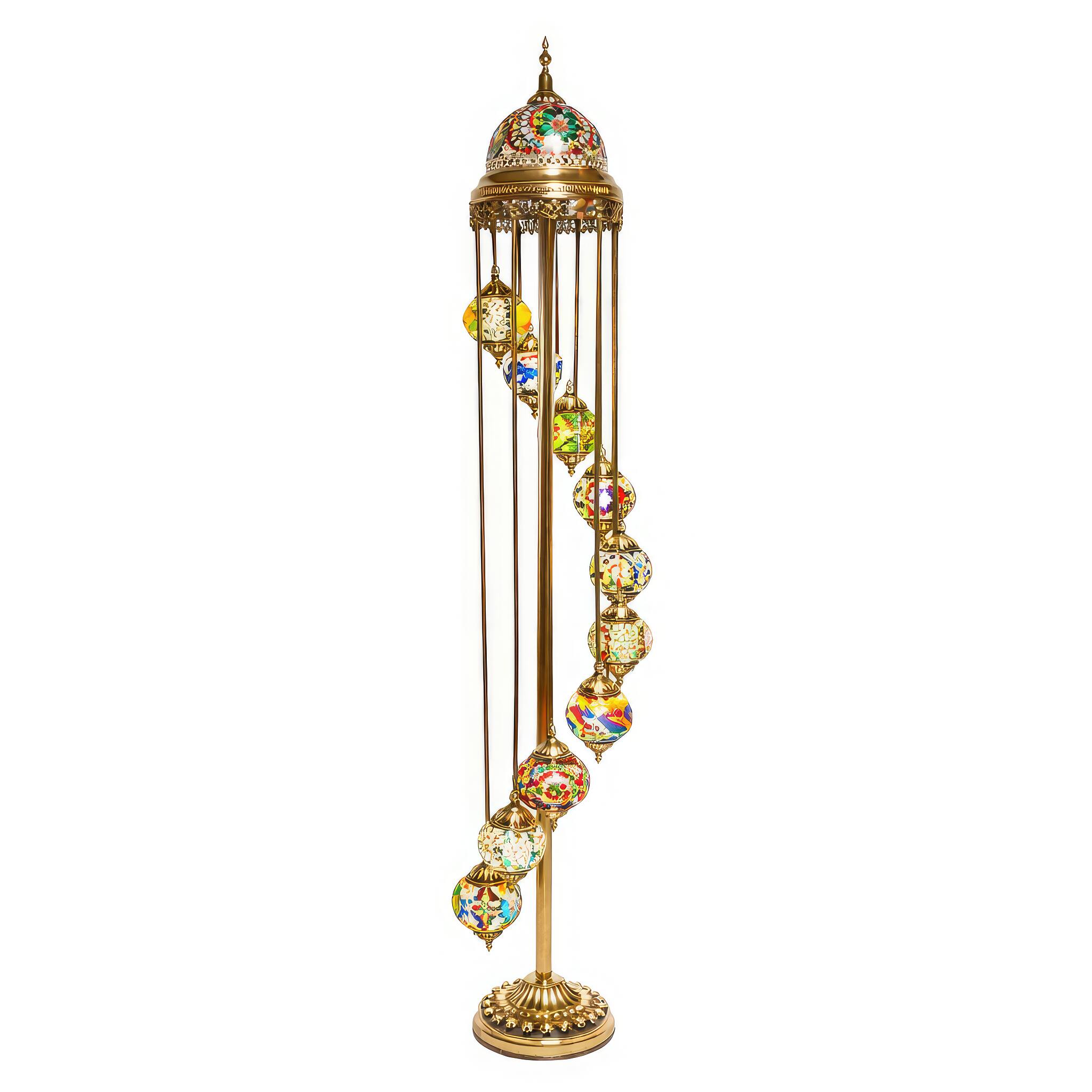 Angle. FC Design - 82"H Antique Gold Base Spiral Turkish Lamp w/ 11 Hanging Bulbs.