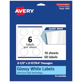 Avery - Glossy Hexagon Labels, 2-1/2" x 2-57/64", 60 Total - White