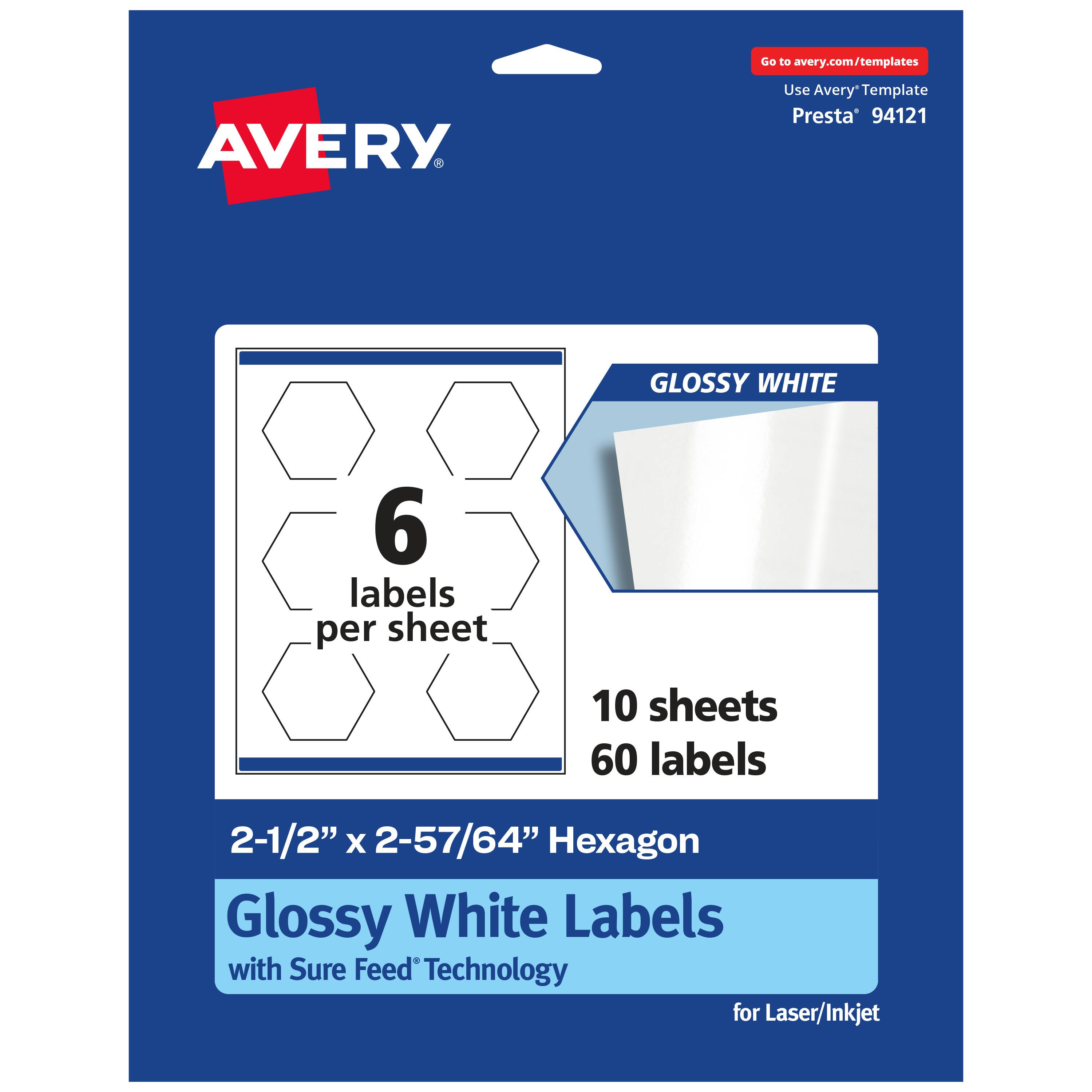 Go to avery.com/templates  
AVERY  
Use Avery Template Presta® 94121  

GLOSSY WHITE  
6 labels per sheet  
10 sheets  
60 labels  

2-1/2" x 2-57/64" Hexagon Glossy White Labels with Sure Feed Technology for Laser/Inkjet