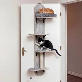 Gymax - Door Hanging Cat Climber w/Plush Bed Scratching Post Carpeted Jumping Platforms Grey