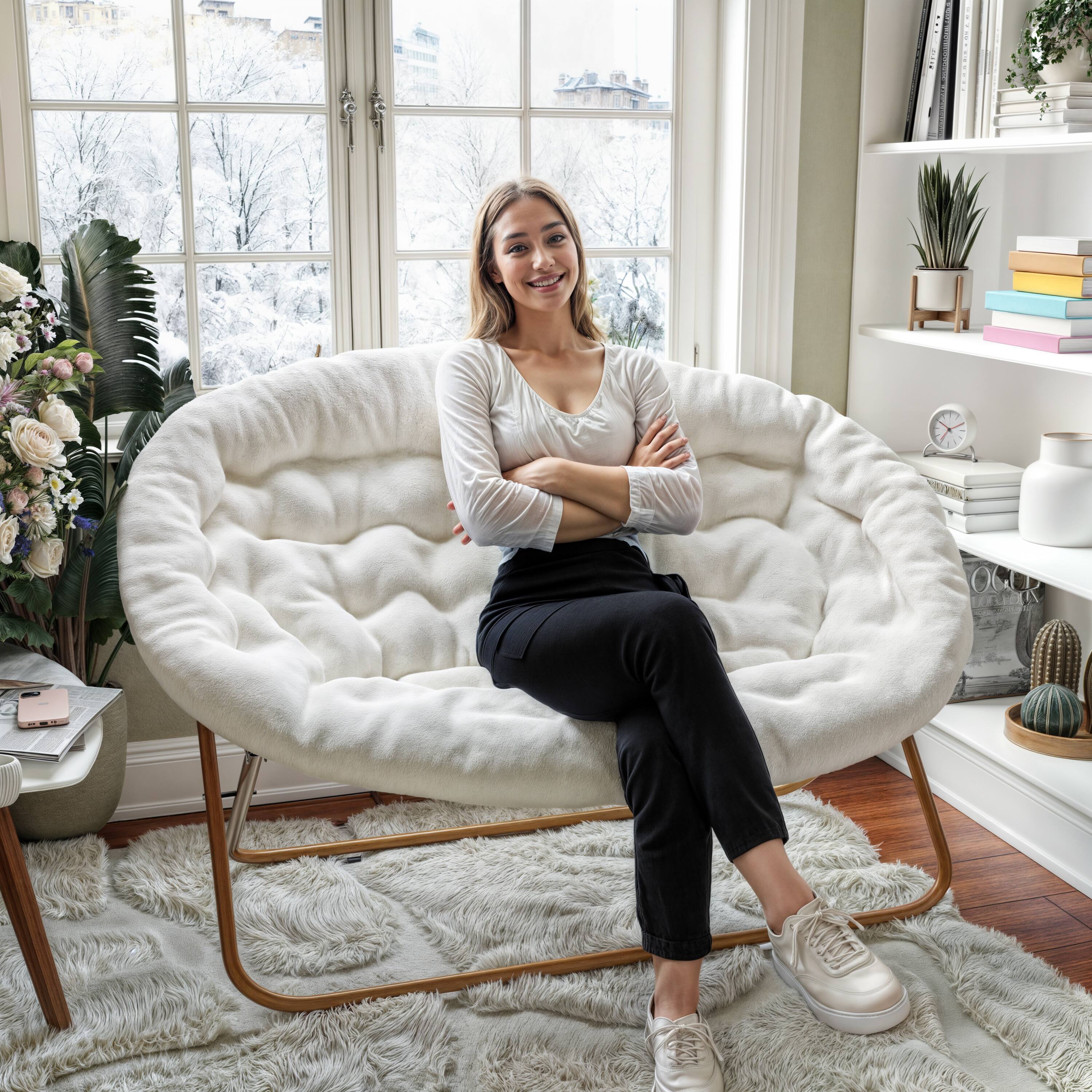 Alt View 3. Emma + Oliver - Janey Folding Double Saucer Chair with Steel Frame for Dorm, Living Room, or Bedroom - Ivory Faux Shearling Fabric/Soft Gold Frame.
