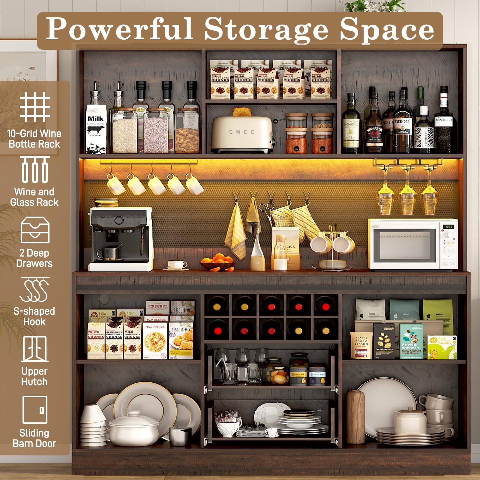 Powerful Storage Space

- 10-Grid Wine Bottle Rack
- Wine and Glass Rack
- 2 Deep Drawers
- S-shaped Hook
- Upper Hutch
- Sliding Barn Door