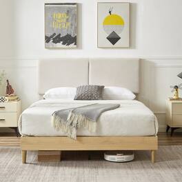 Vecelo - Full Size Adjustable Bed Frame with Headboard - No Box Spring Needed, Linen Upholstered, 600lb Capacity, Easy Assembly - Beige