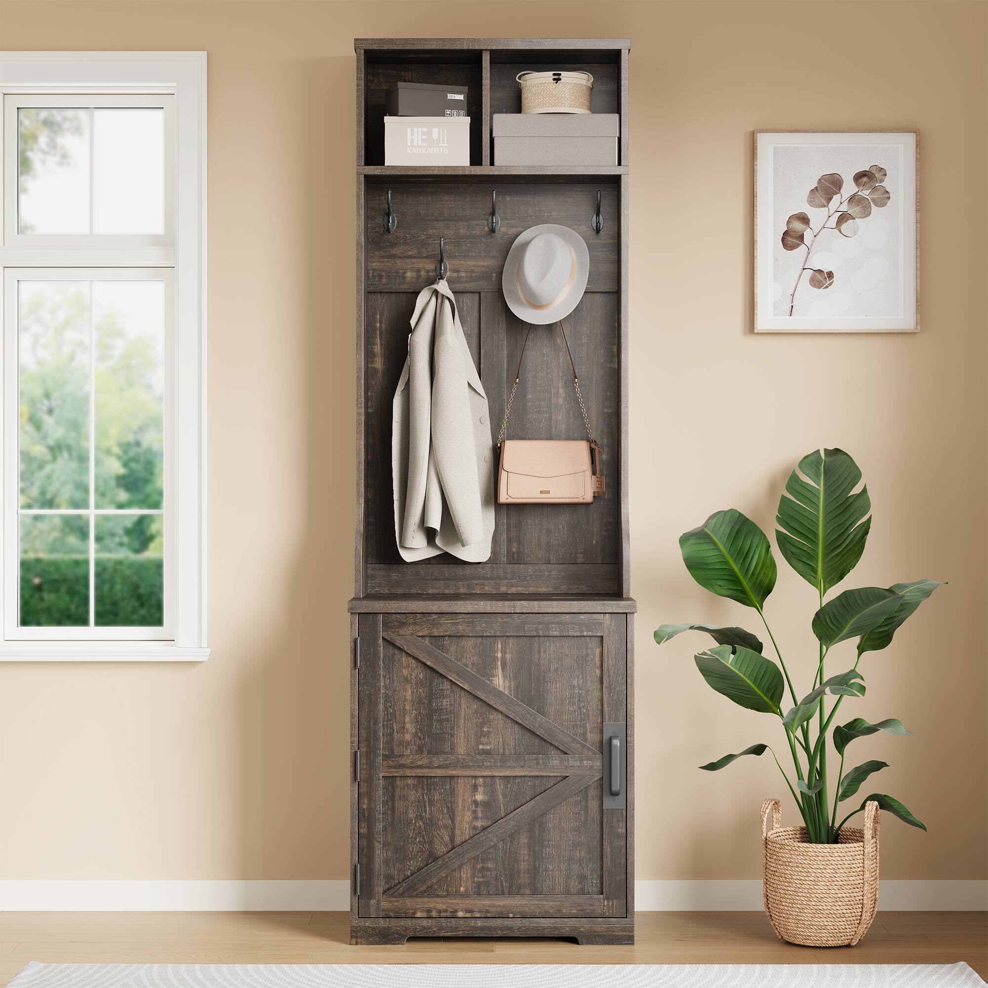 Front. Babevy - 4-in-1 Hall Tree with Bench, Shoe Cabinet, 5 Hooks & Cubbies, Farmhouse Entryway Organizer - Dark Brown.