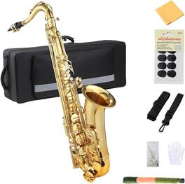 Homhougo - AS200 B-Flat Tenor Saxophone Kit with Mouthpiece, Reeds, Case & Accessories for Beginners - Gold