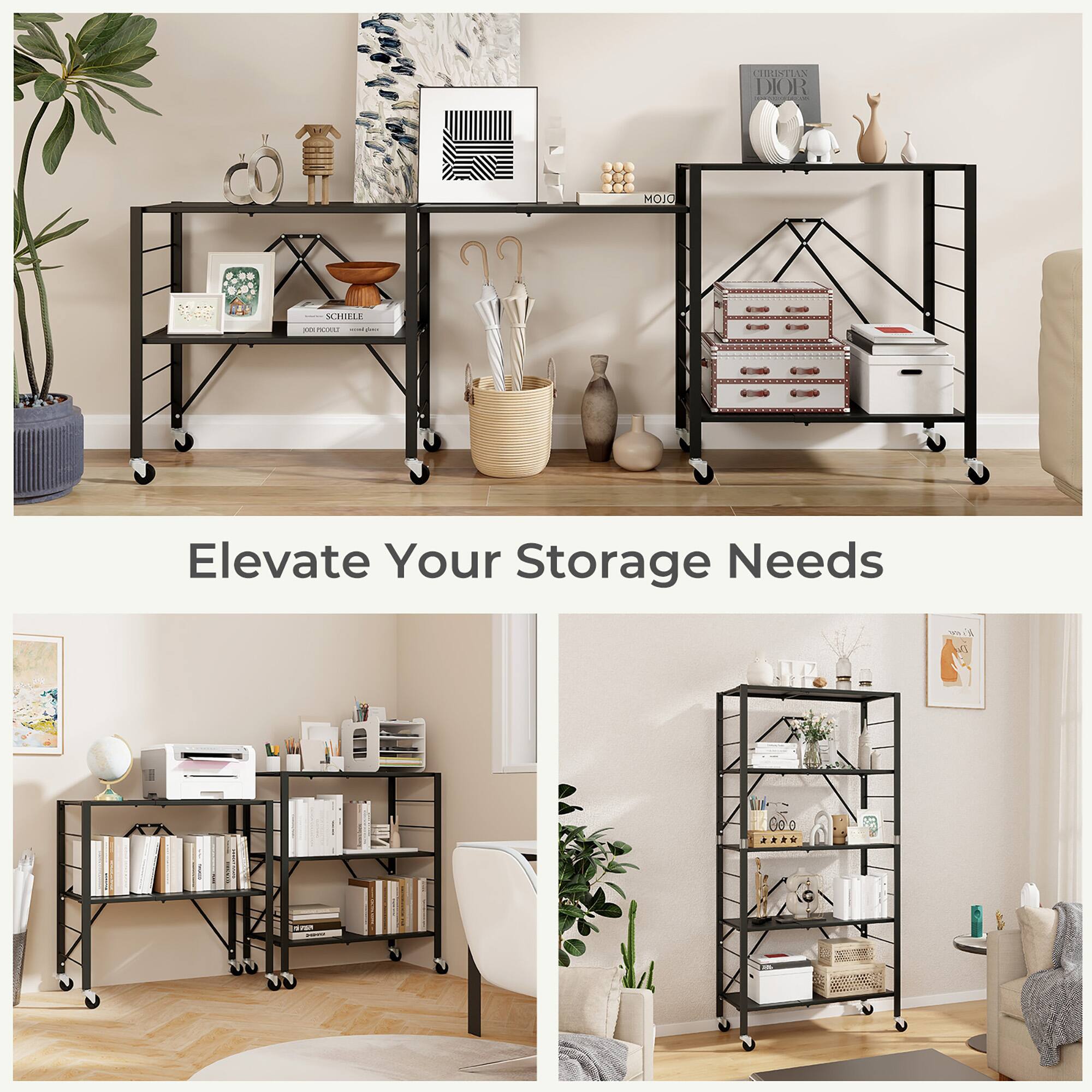 Alt View 5. Gymax - Gymax 2PCS Foldable Storage Shelf w/ Wheels Adjustable Shelves Metal Shelving Unit - Black.