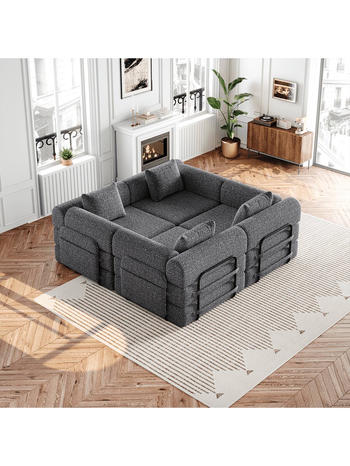 Left. Trinkets Crazed - Convertible Sofa Bed, 72.4"+ 72.4" Sectional Couch 4-Seater With Storage Pockets Modular Sleeper Couch - Gray.