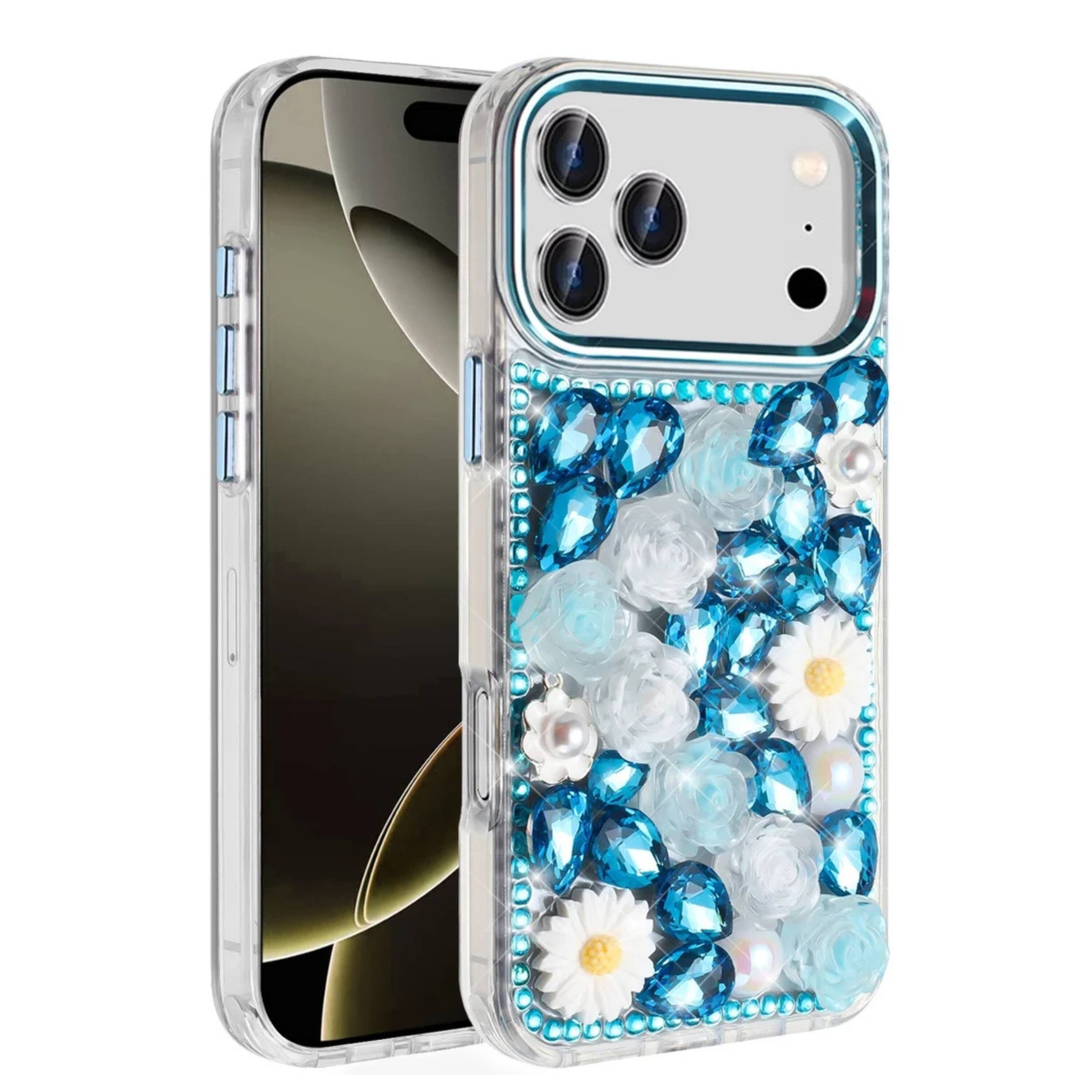 Front. Kitcheniva - Full Rhinestone Decorative Phone Case With Tempered Glass For iPhone 17 Pro Max Blue - Blue.