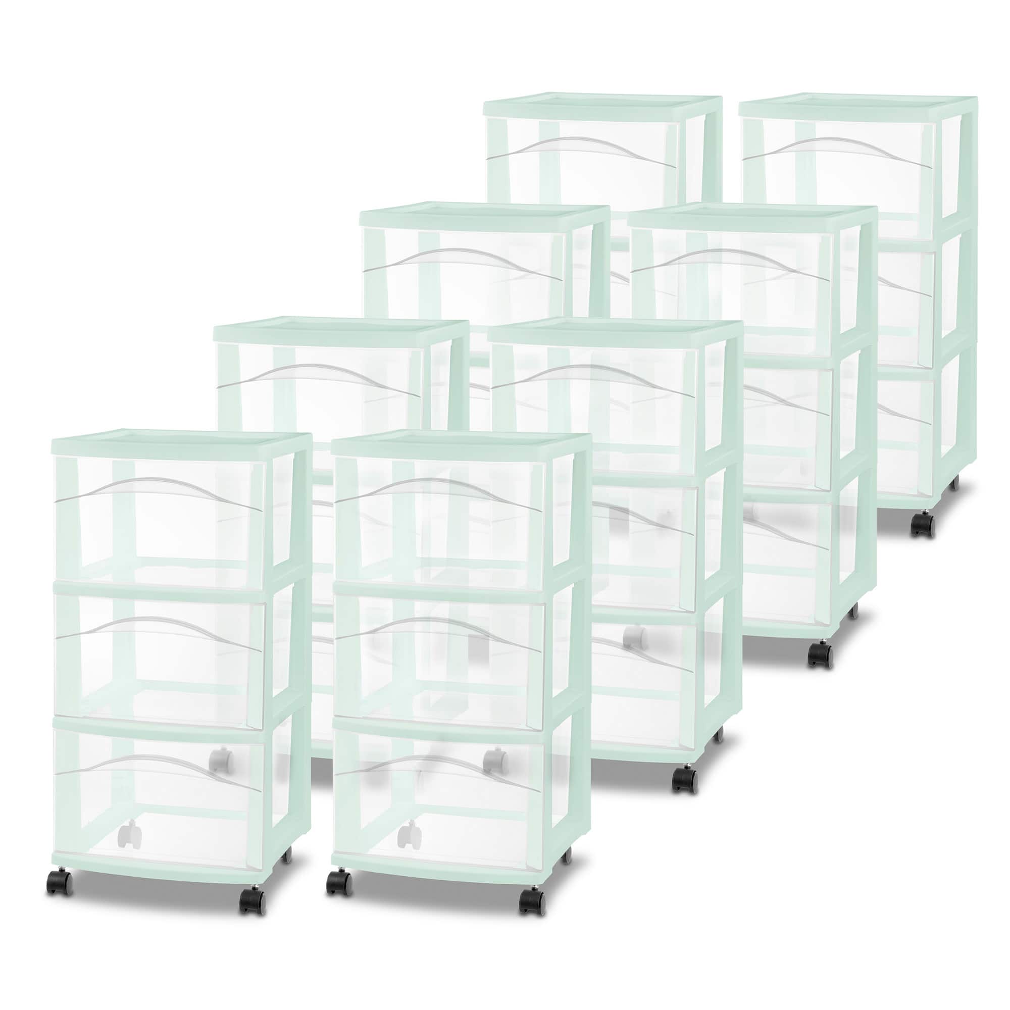 Sterilite - 3 Drawer Storage Cart, Plastic Rolling Organization Cart, 8 Pack - Mint