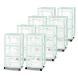 Sterilite - 3 Drawer Storage Cart, Plastic Rolling Organization Cart, 8 Pack - Mint