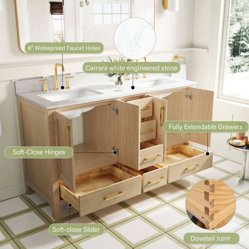 8" Widespread Faucet Holes  
Carrara white engineered stone  
Fully Extendable Drawers  
Soft-Close Hinges  
Soft-close Slider  
Dovetail Joint