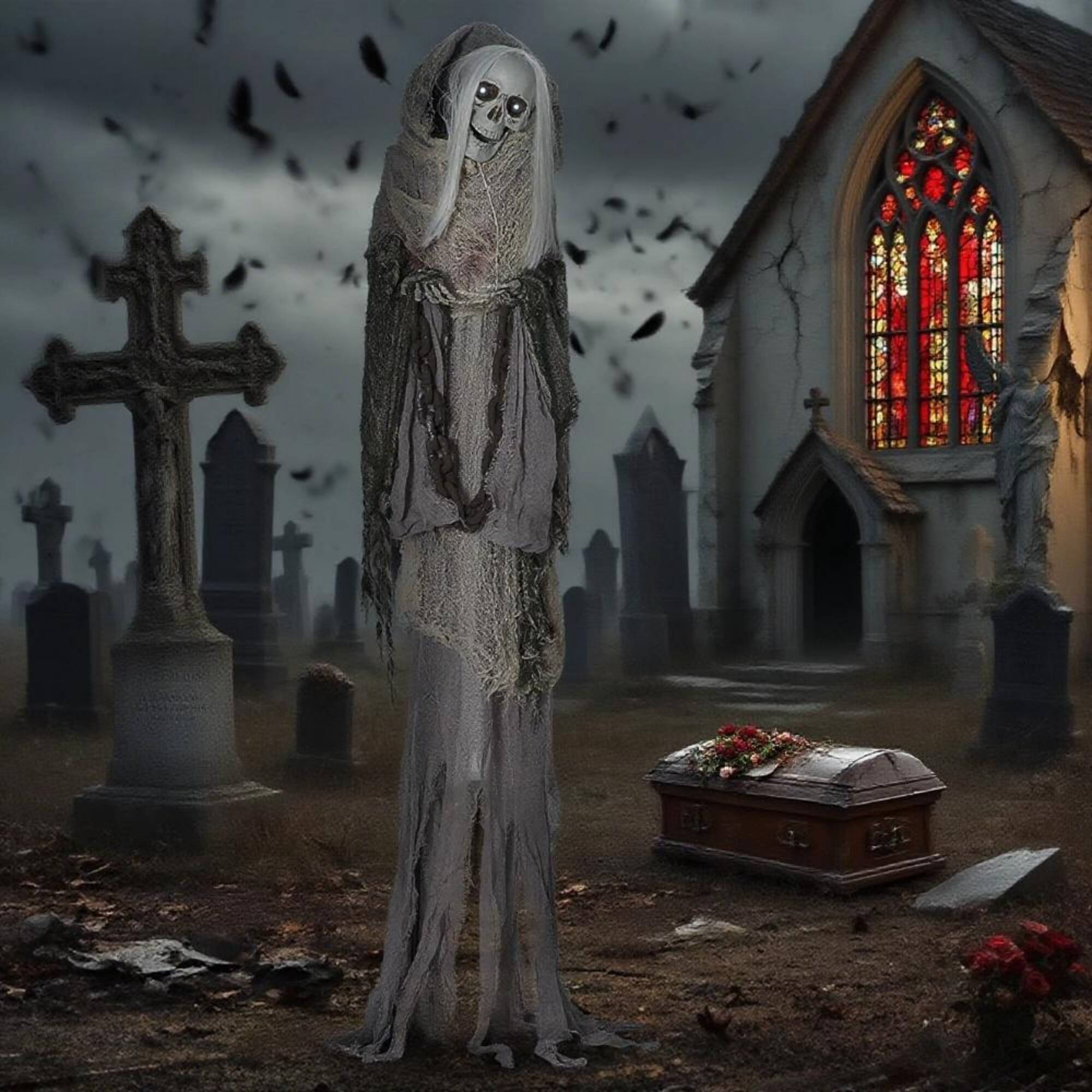 Alt View 1. Ecooso - Sound-Activated Animated Skeleton Witch with White Hair and Glowing Eyes for Indoor or Covered Outdoor Halloween Décor - Grey.