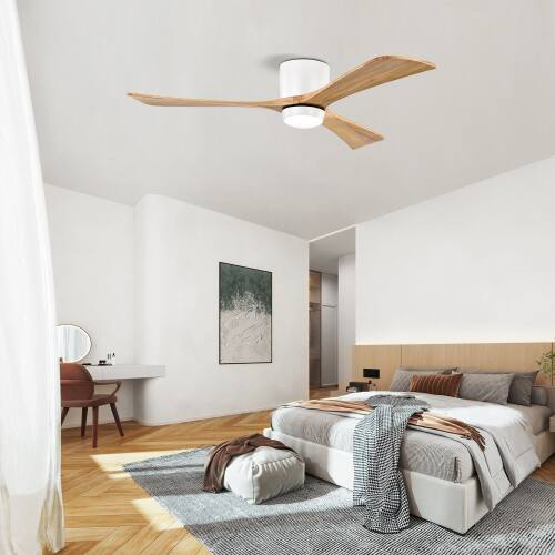 Alt View 1. LUCKY ONE - 52" Flush Mount Ceiling Fan with Light Remote 6-Speed Wood Blades - Matte White,Natural Wood.
