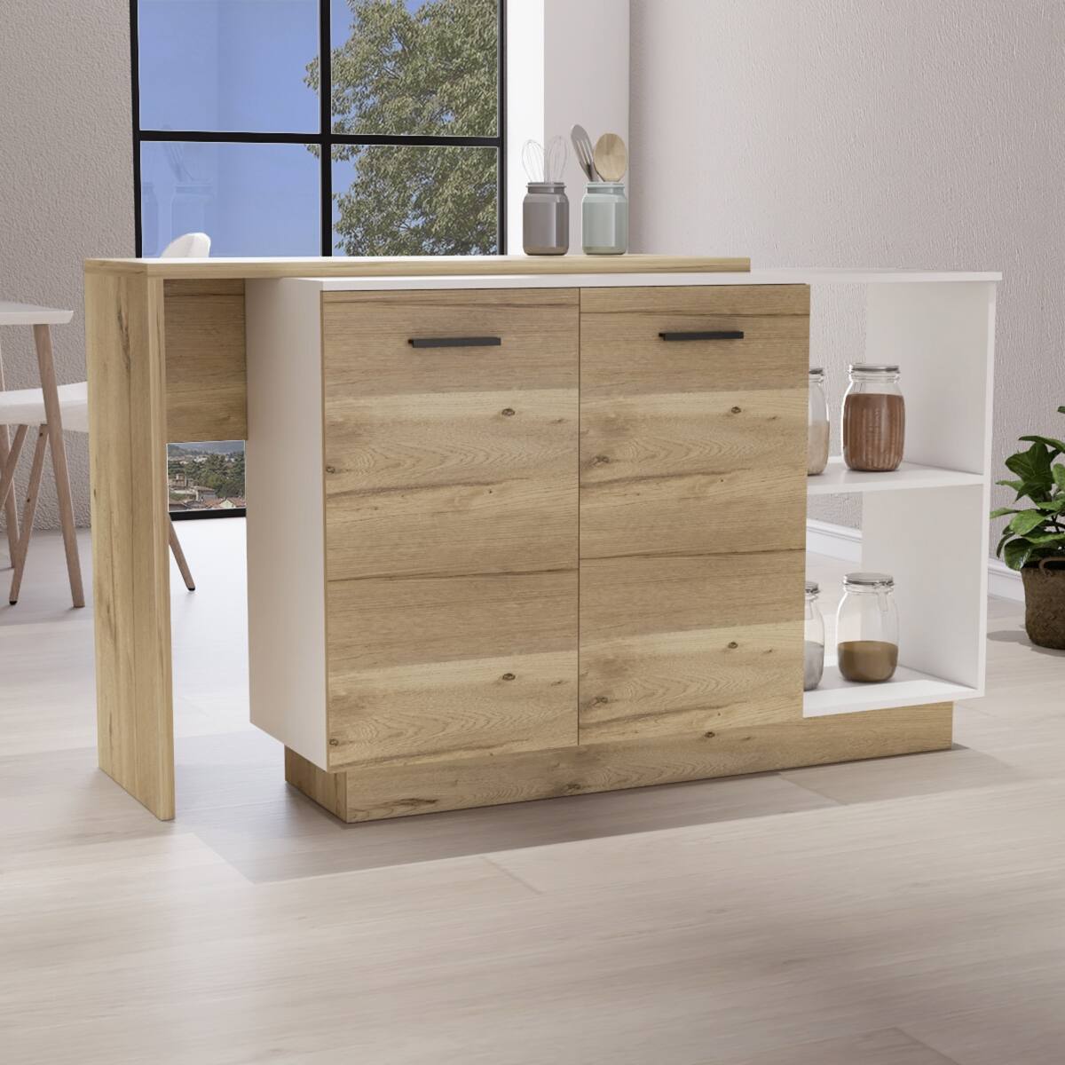 Front. Loheer - Loheer White and Light Oak Kitchen Island Double Door Cabinet - White / Light Oak.