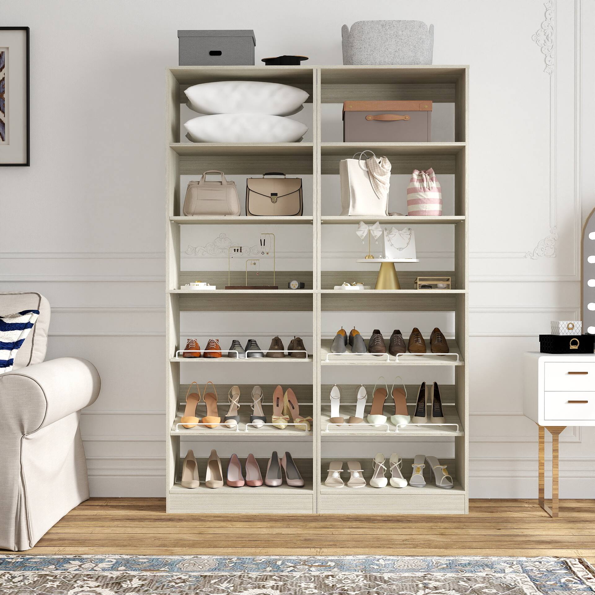 Left. Aheaplus - 25'' Closet Organizer System, 7-Tier Closet Shoe Organizer with Adjustable Shelves - Beige Oak.