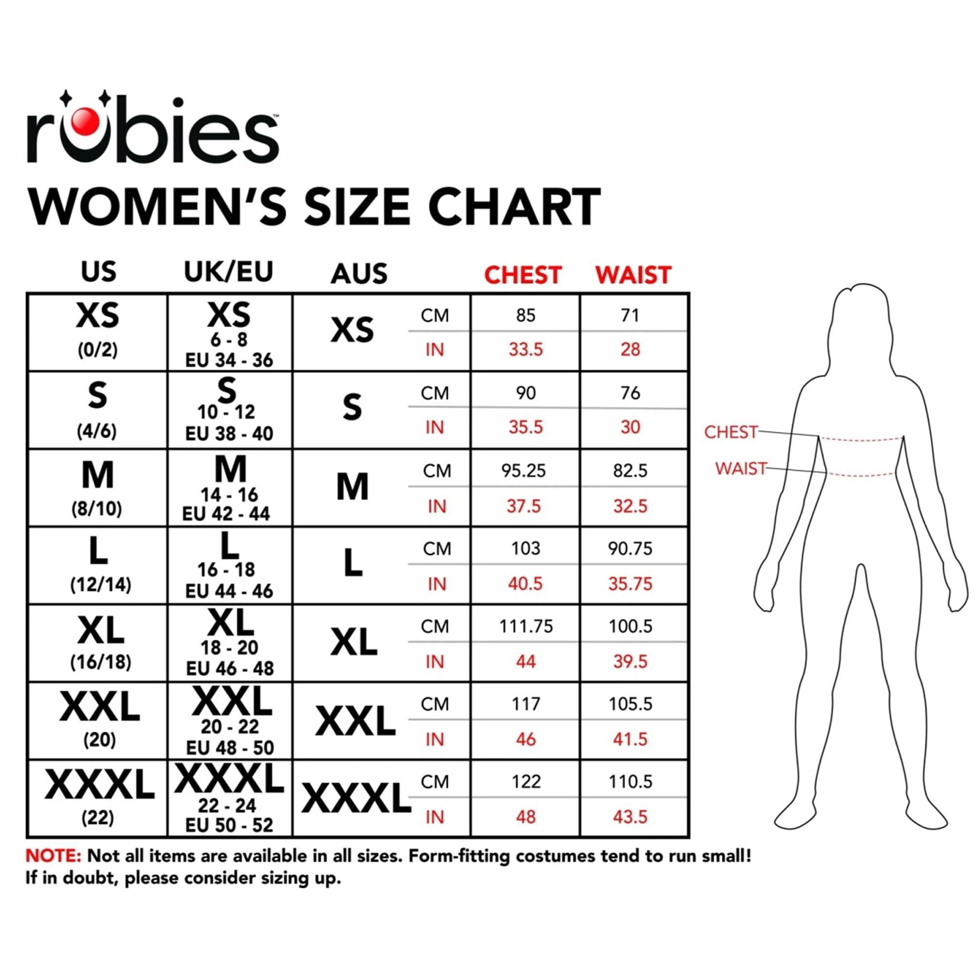 **Robies Women's Size Chart**

| US       | UK/EU       | AUS       | CHEST (CM) | WAIST (CM) | CHEST (IN) | WAIST (IN) |
|----------|------------|----------|-----------|-----------|-----------|-----------|
| XS (0/2) | XS 6-8     | XS       | 85        | 71        | 33.5      | 28        |
| S (4/6)  | S 10-12    | S        | 90        | 76        | 35.5      | 30        |
| M (8/10) | M 14-16    | M        | 95.25     | 82.5      | 37.5      | 32.5      |
| L (12/14)| L 16-18    | L        | 103       | 90.75     | 40.5      | 35.75     |
| XL (16/18)| XL 18