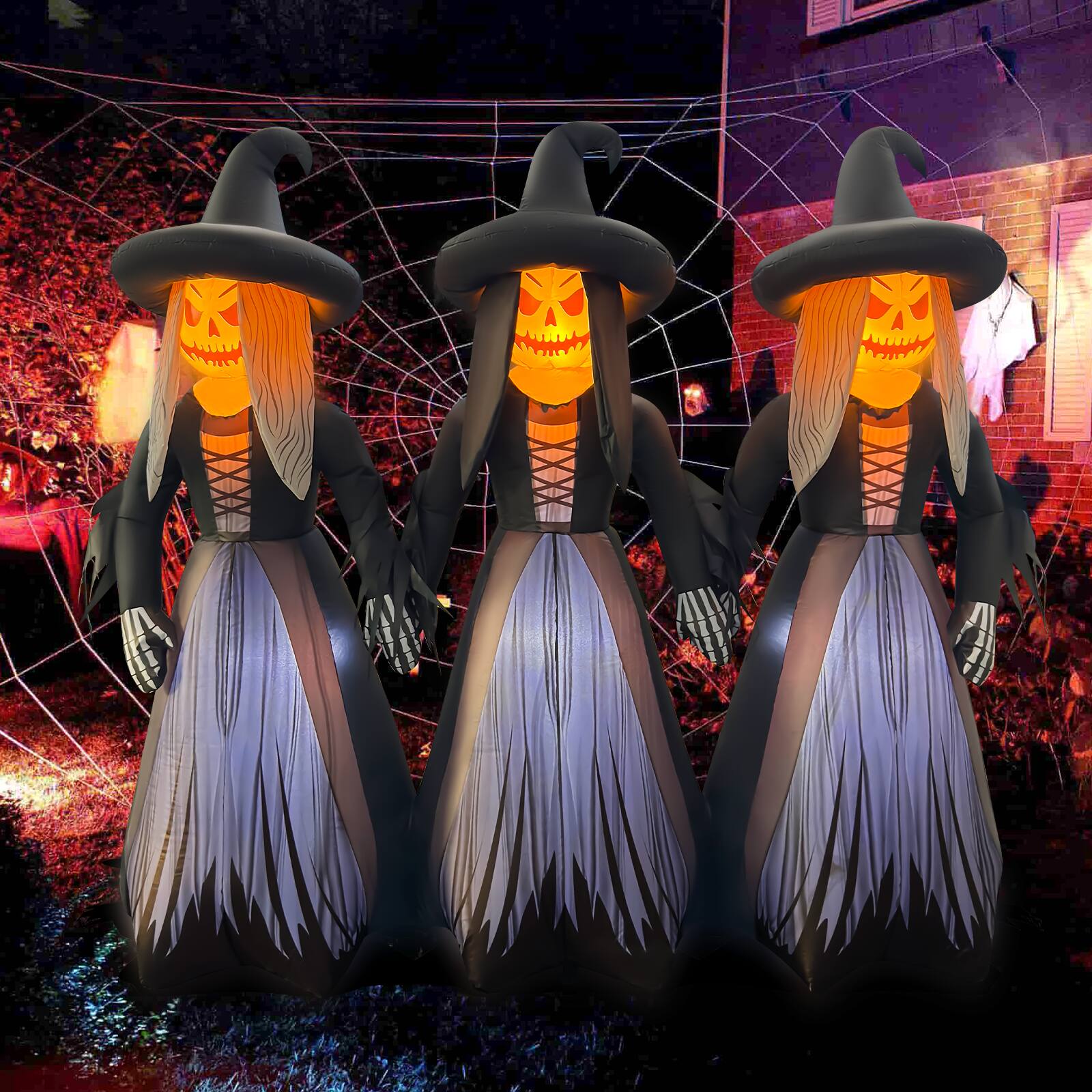 Angle. GOOSH Inflatables - GOOSH 7FT Inflatable Trio of Pumpkin Witches – Light-Up Halloween Yard Decoration - Black.